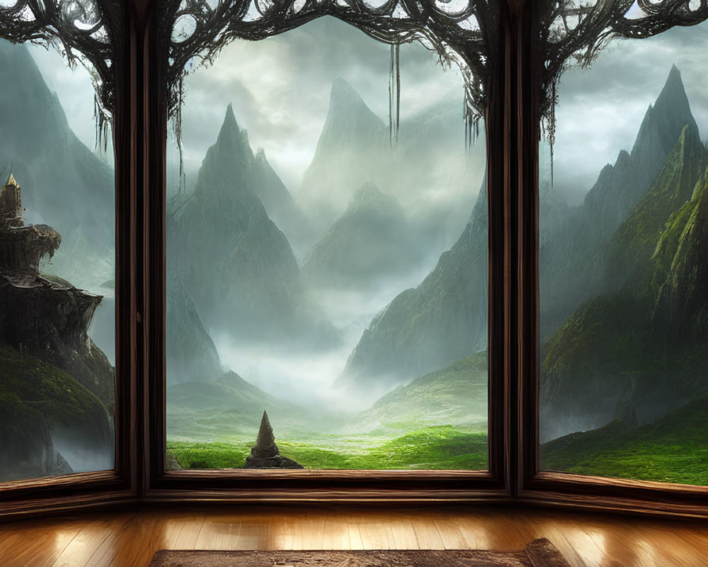 Ornate window framing mystical landscape with mountains, valleys, greenery, and castle under serene sky