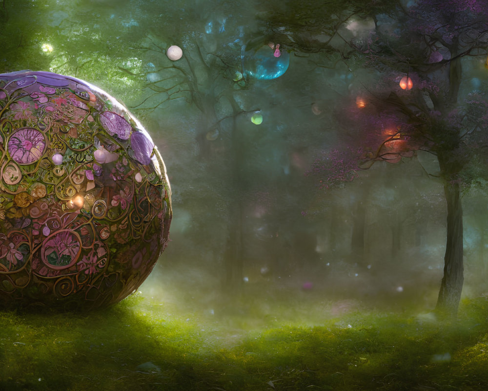Mystical forest with ornate spherical structure and glowing orbs