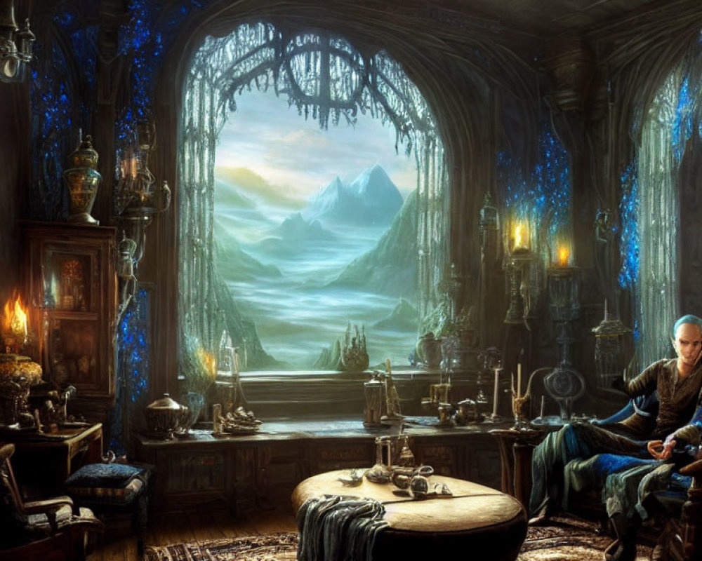 Fantasy-themed room with mountain view and mystical objects