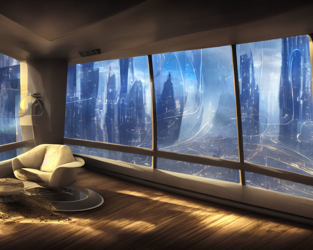 Modern room with large windows and city view, sunlight and armchair.
