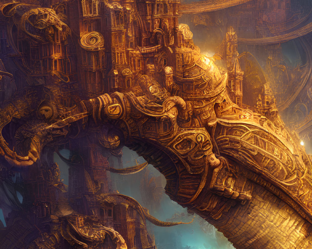 Intricate steampunk city with bronze structures and serpentine design