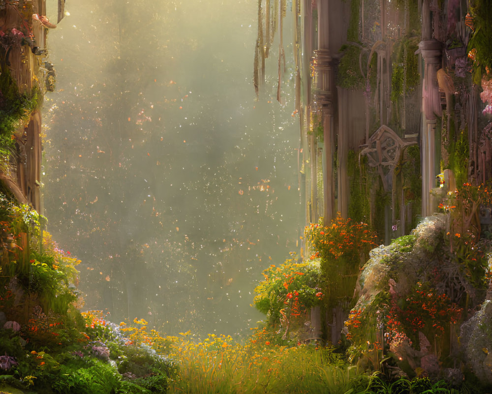 Sunlit forest clearing with lush greenery, vibrant flowers, overgrown ruins, and floating particles.