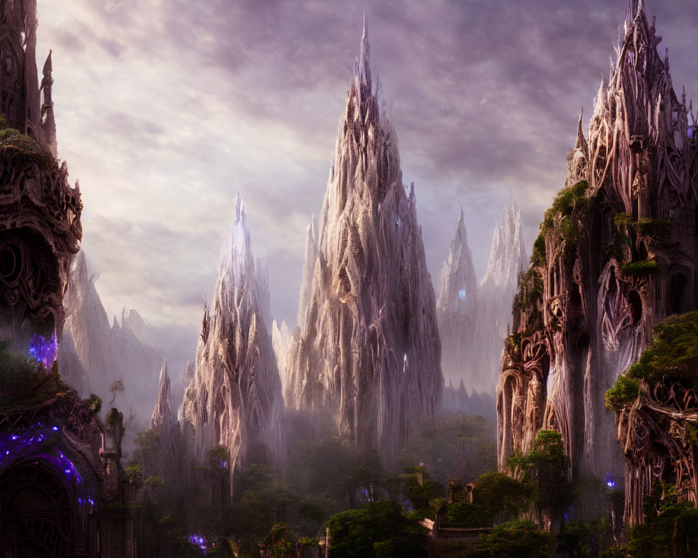 Majestic enchanted forest with crystal spires, waterfalls, and glowing tree-root architecture