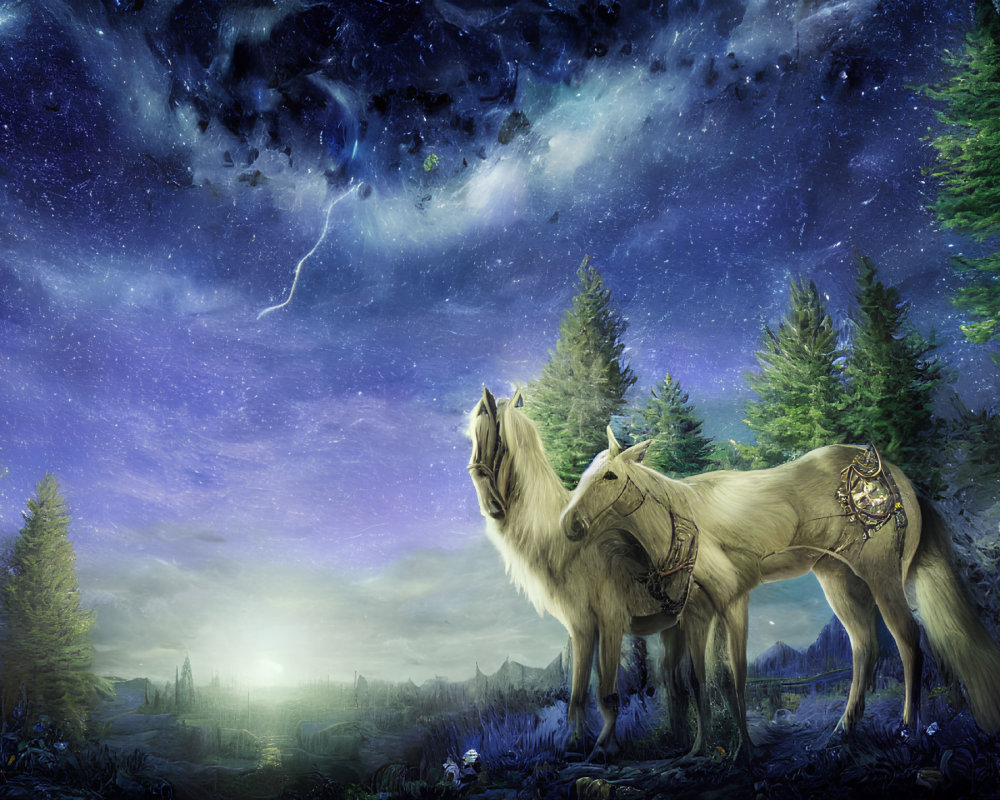 Majestic wolves in mystical forest under starry night sky