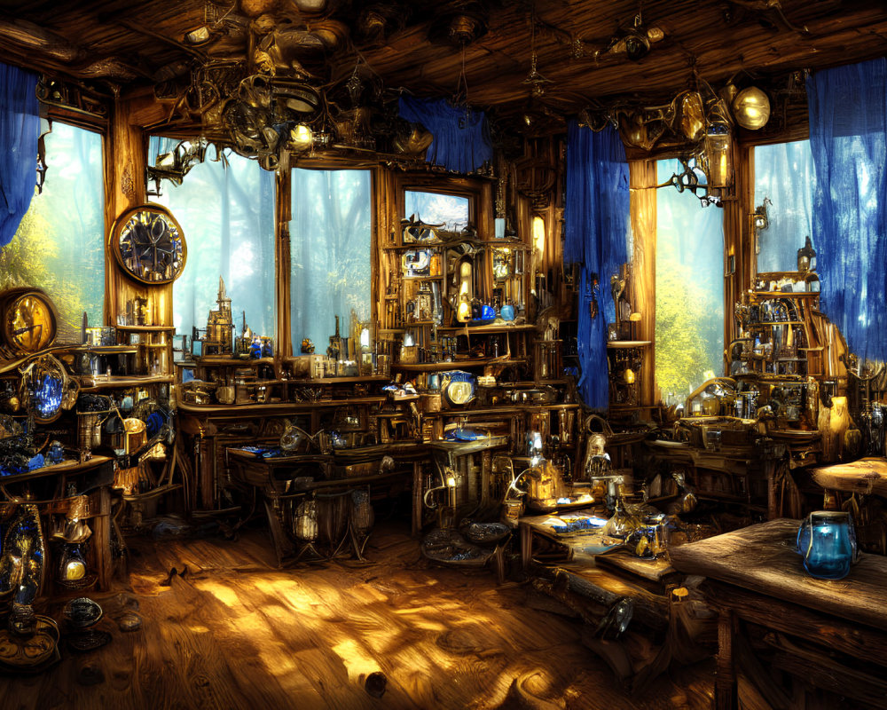 Eclectic alchemist's workshop with blue potions and mystical artifacts