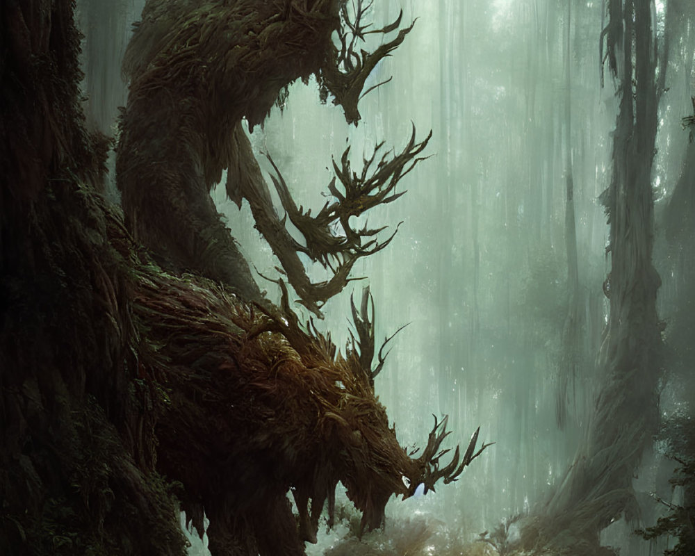 Mystical forest scene with large tree-like creature and small figure in light shaft