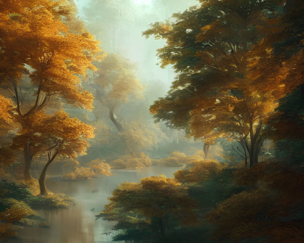 Ethereal forest scene with golden-orange foliage, towering trees, meandering river, and soft light