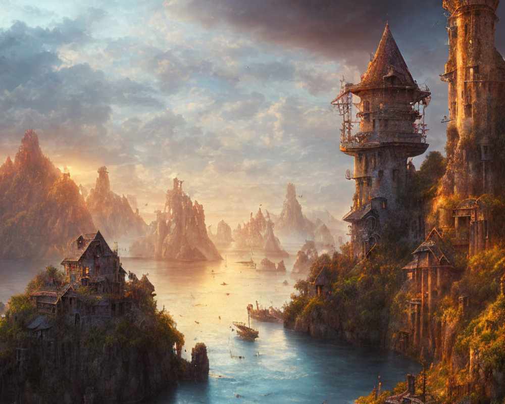 Mystical landscape with towering castles, cliffs, river, boats, and mountains