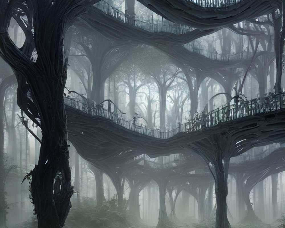 Enchanting forest with fog-covered natural bridges and ethereal light.