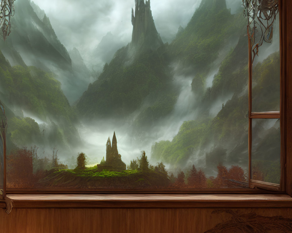Fantasy landscape with misty mountains, castle, and candles
