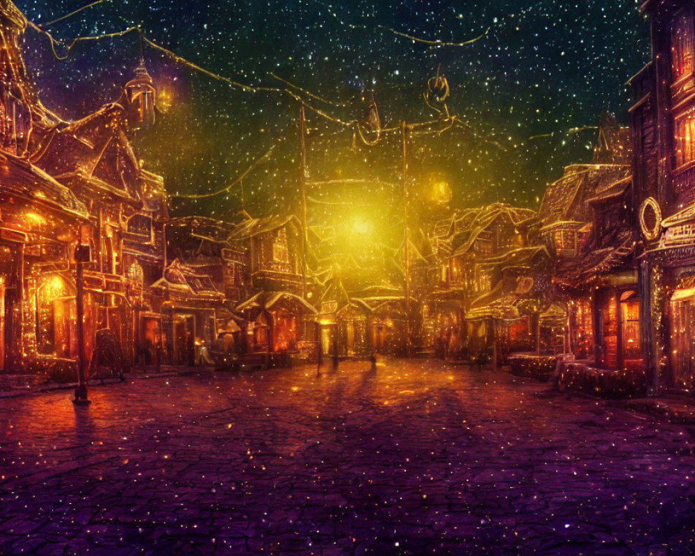 Quaint cobblestone street at night with glowing lights and falling snow