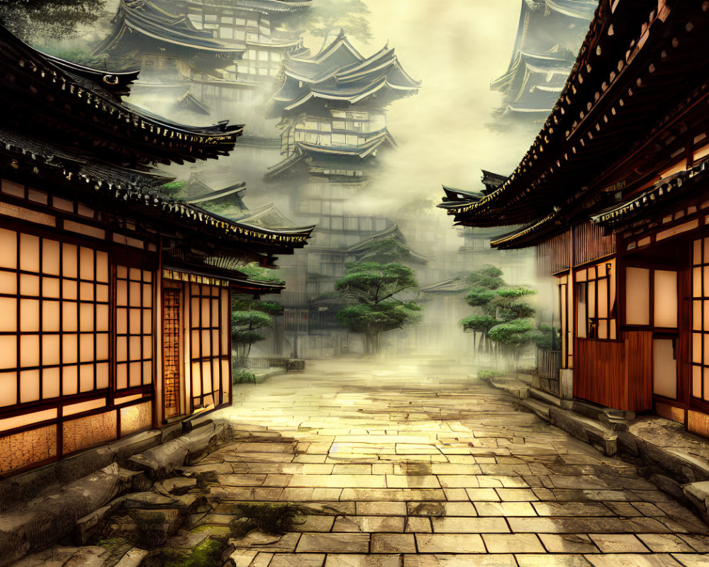 Traditional Asian alley with wooden structures and pagodas in misty setting
