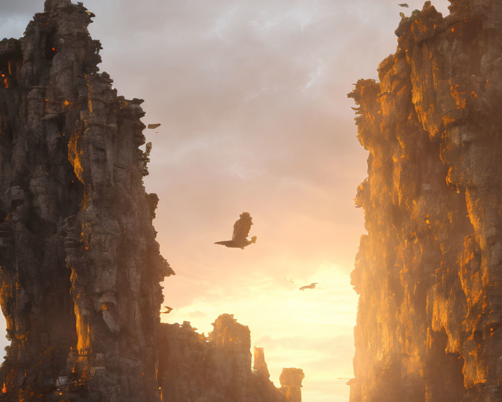 Rock Formations Bathed in Sunset Glow with Soaring Birds