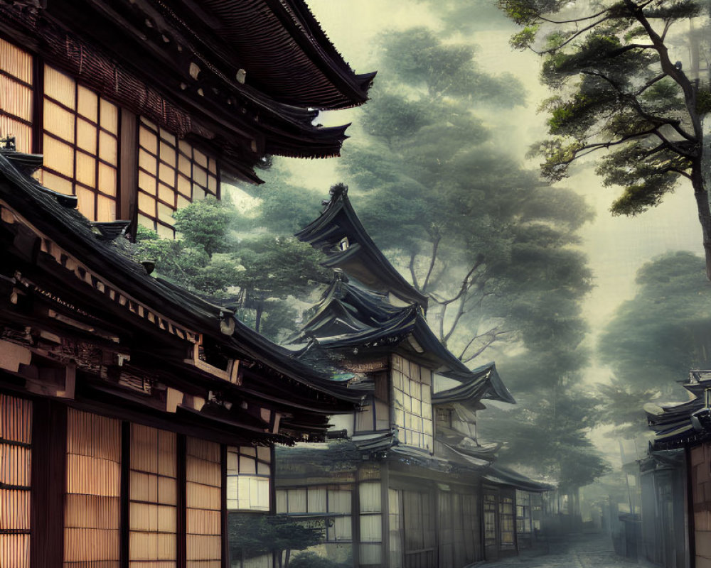 Traditional Japanese street with wooden buildings and green trees under hazy sky