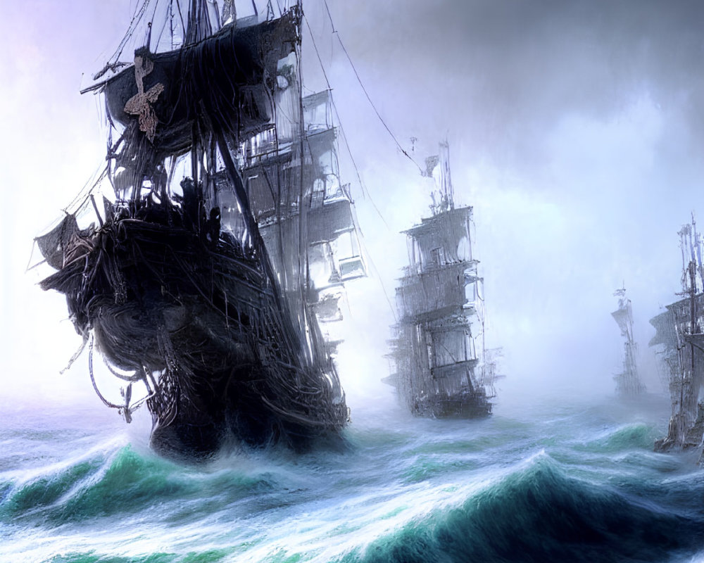 Three old sailing ships in turbulent ocean under stormy sky