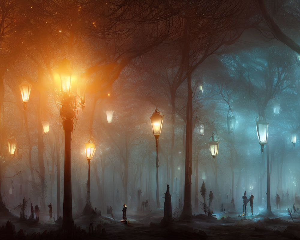 Mystical foggy forest with glowing street lamps and statues in embrace