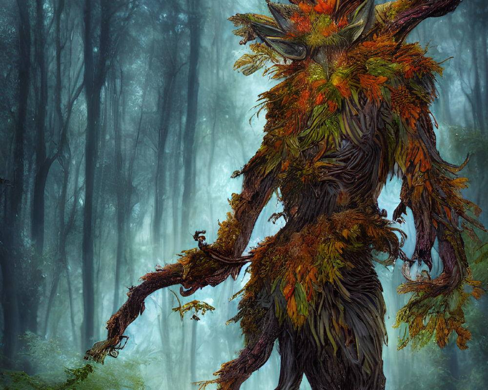 Autumnal treant with twisted branches in foggy forest encounter.