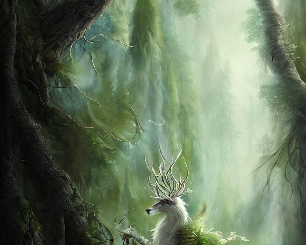Mystical creature with deer antlers and wolf-like body in green forest