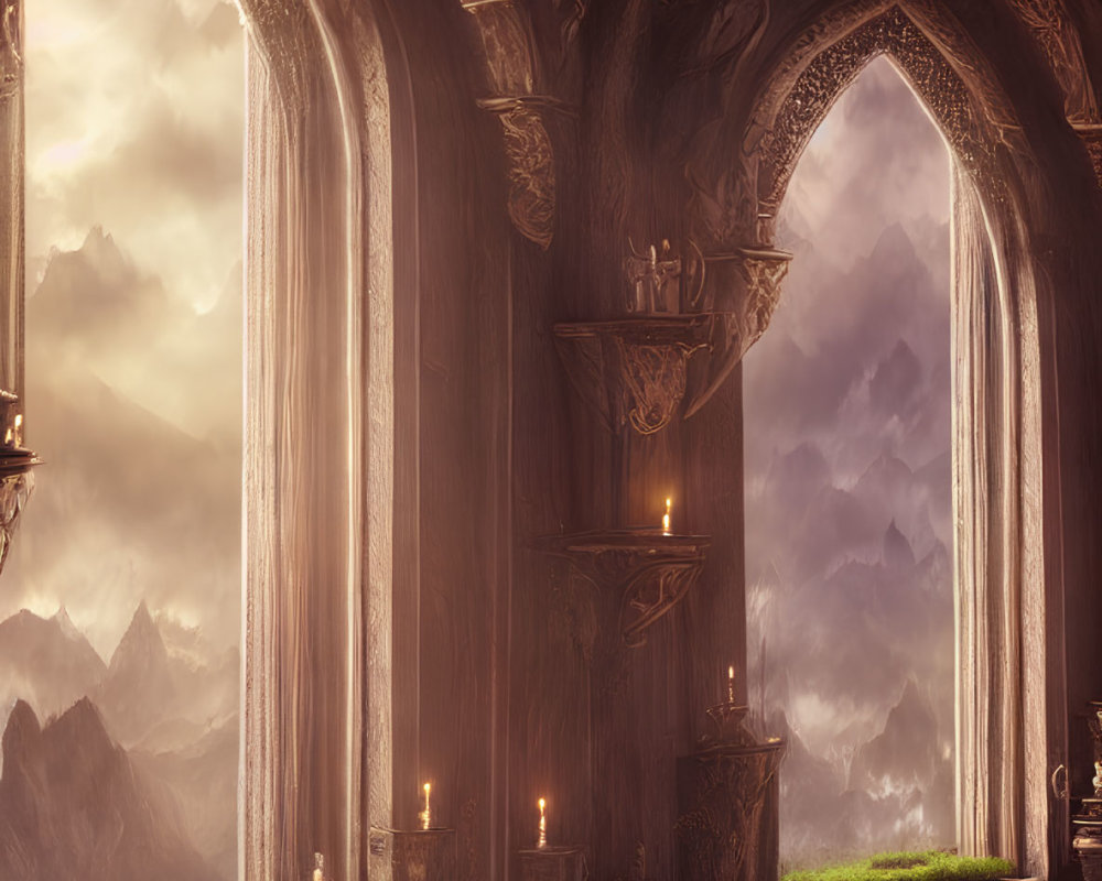 Fantasy Hall with Arched Windows and Mountain View