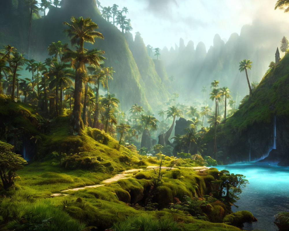Tropical landscape with palm trees, greenery, waterfalls, and river in sunlight