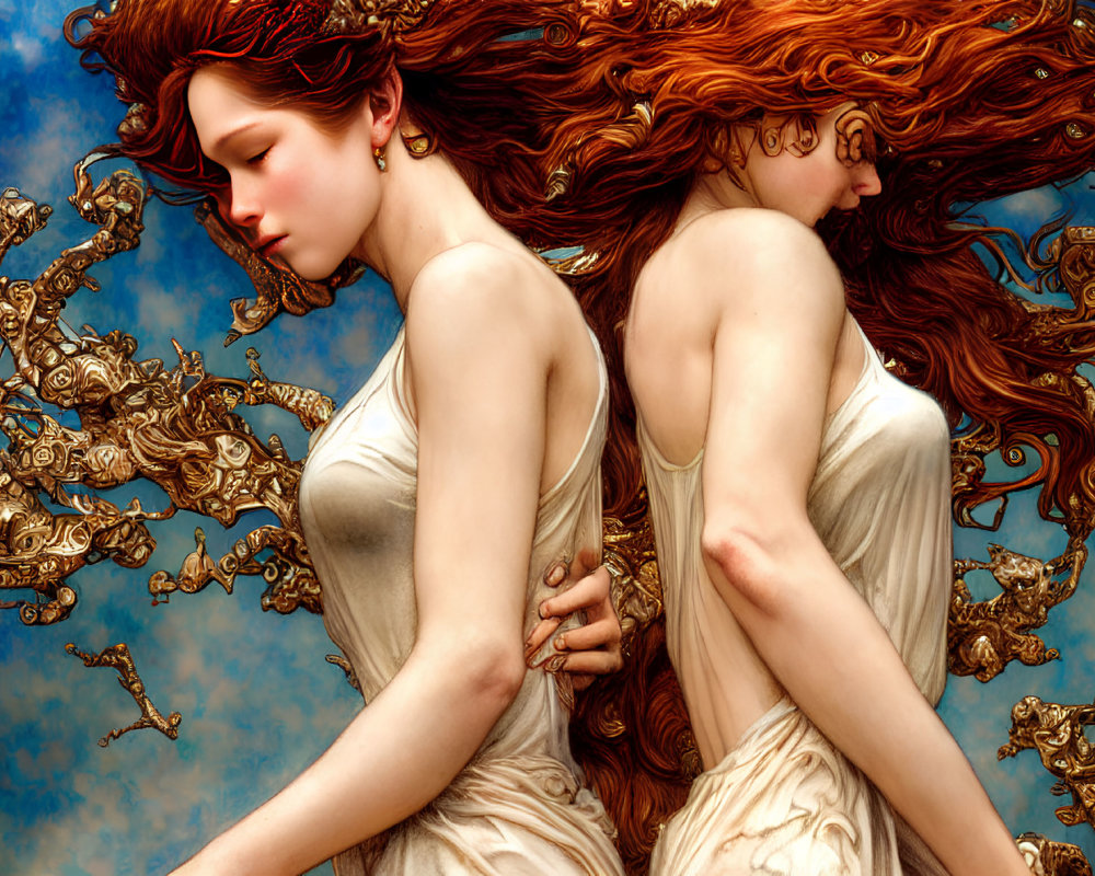 Ethereal digital artwork: two women with red hair and golden designs on blue background