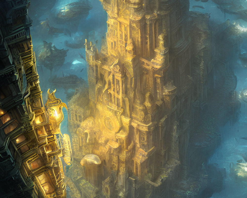 Fantastical golden-lit tower in abyss with flying vessels