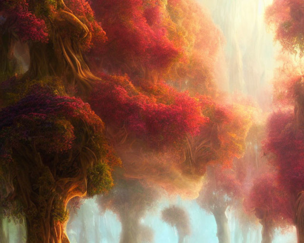 Vibrant forest with towering trees and pink foliage in misty atmosphere