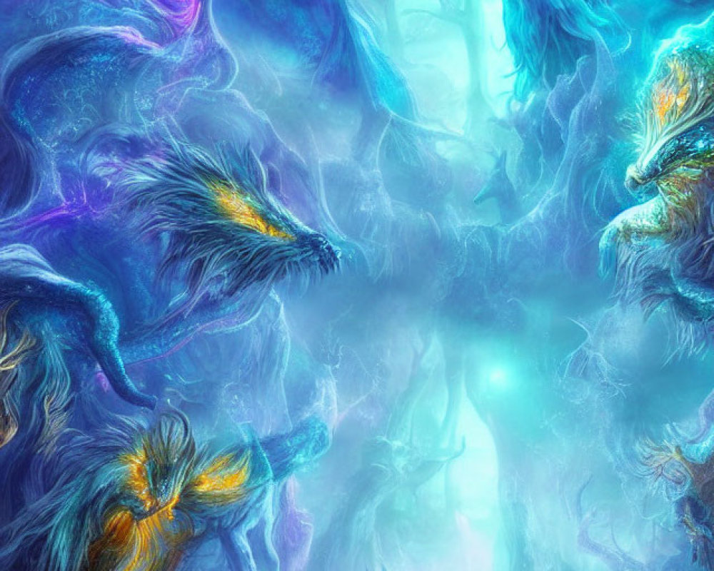 Mystical forest with vibrant creatures and luminescent trees