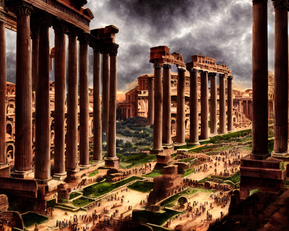 Ancient ruins with towering columns under dramatic sky and bustling crowd.