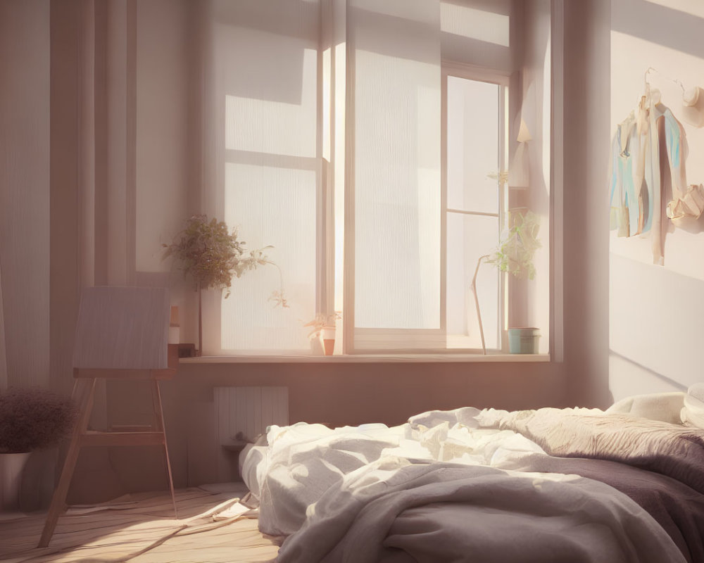Cozy bedroom with sunlight, messy bed, and plants on windowsill