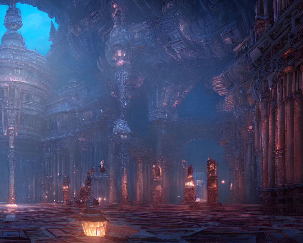 Futuristic grand hall with blue lighting, high ceilings, pillars, and statues