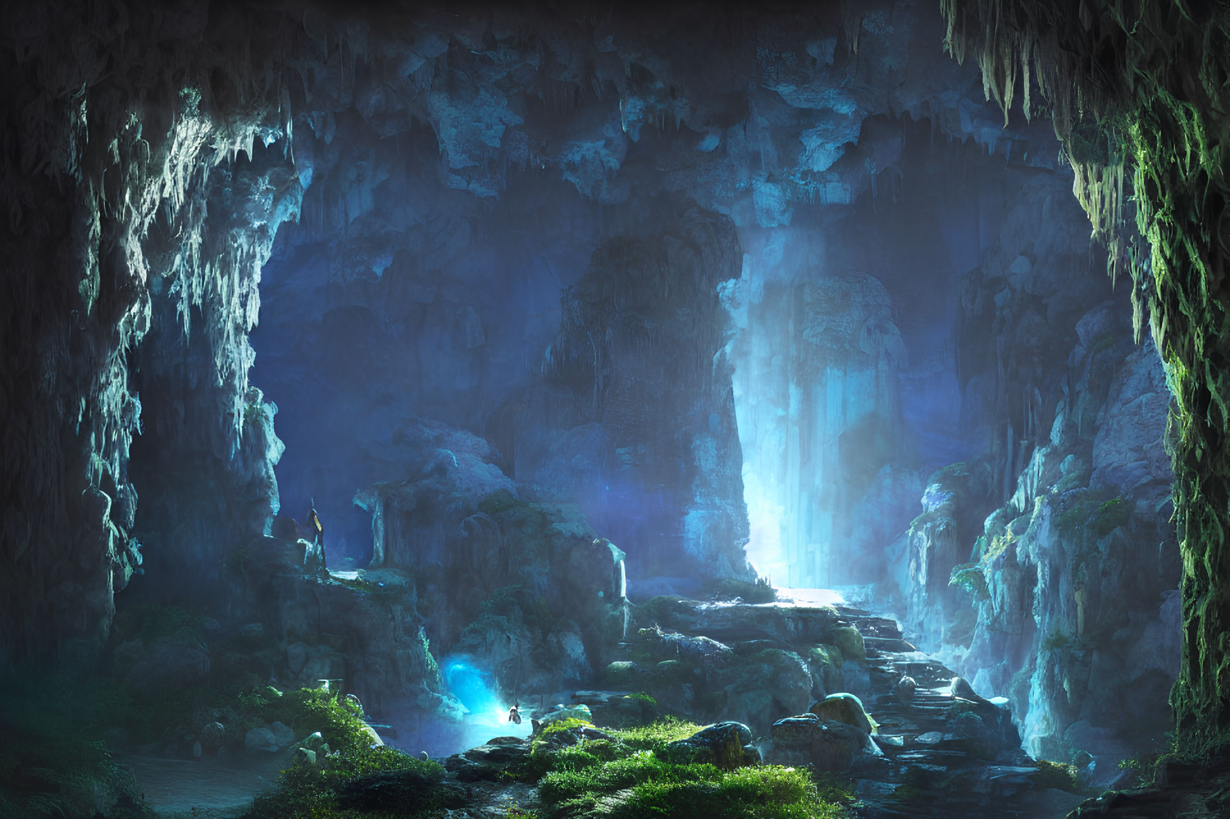 Mystical Blue-Lit Underground Cave with Stalactites & Waterfall