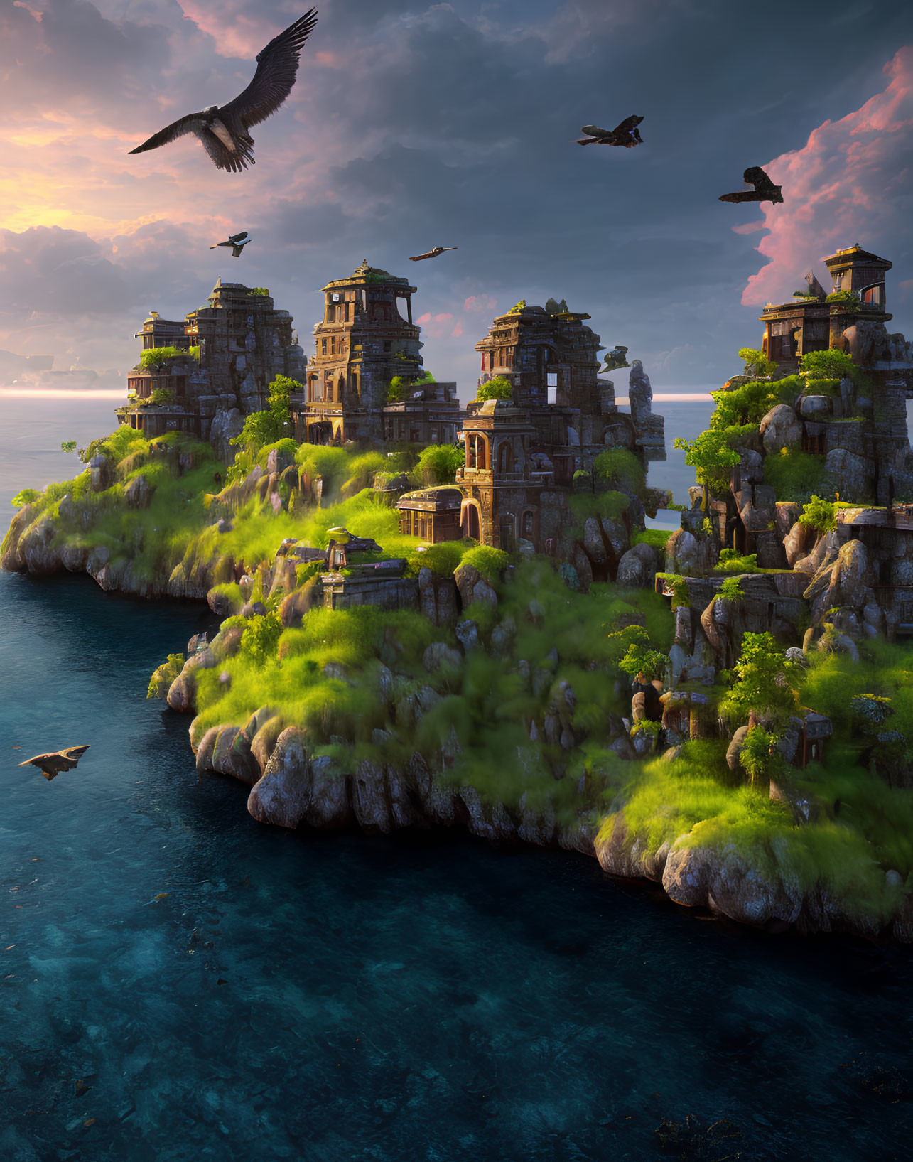 Ancient overgrown ruins on rocky coastline with birds flying over tranquil sea at golden hour