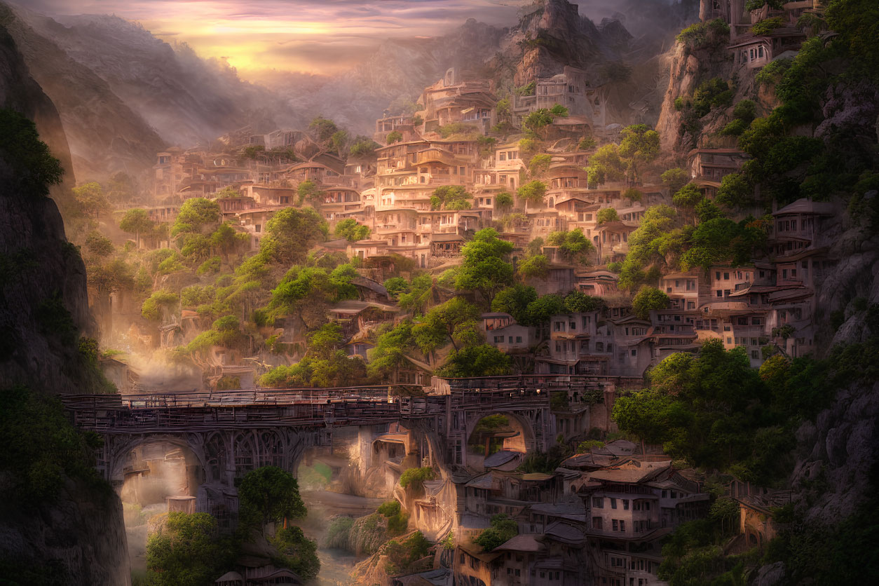 Mountainous village at sunrise with stone houses, waterfalls, arch bridge, lush trees