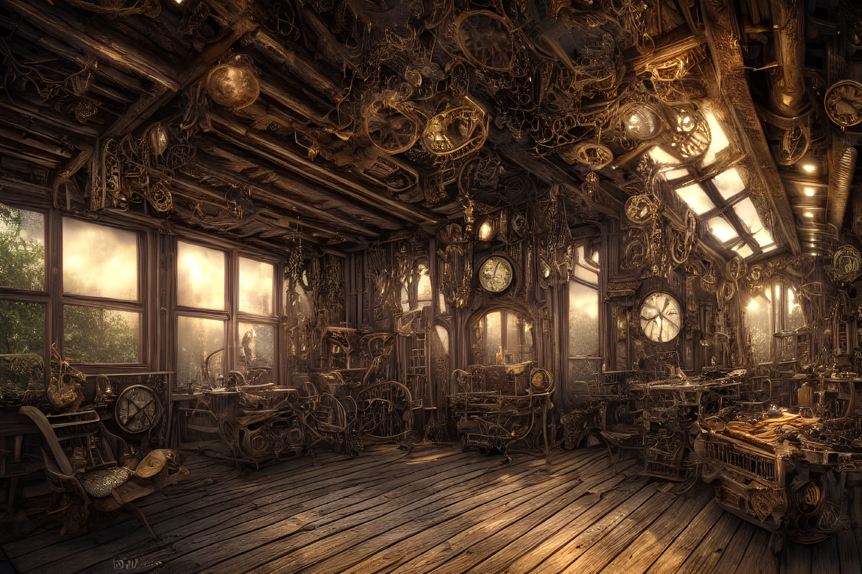 Steampunk-themed room with intricate machinery, gears, and clocks