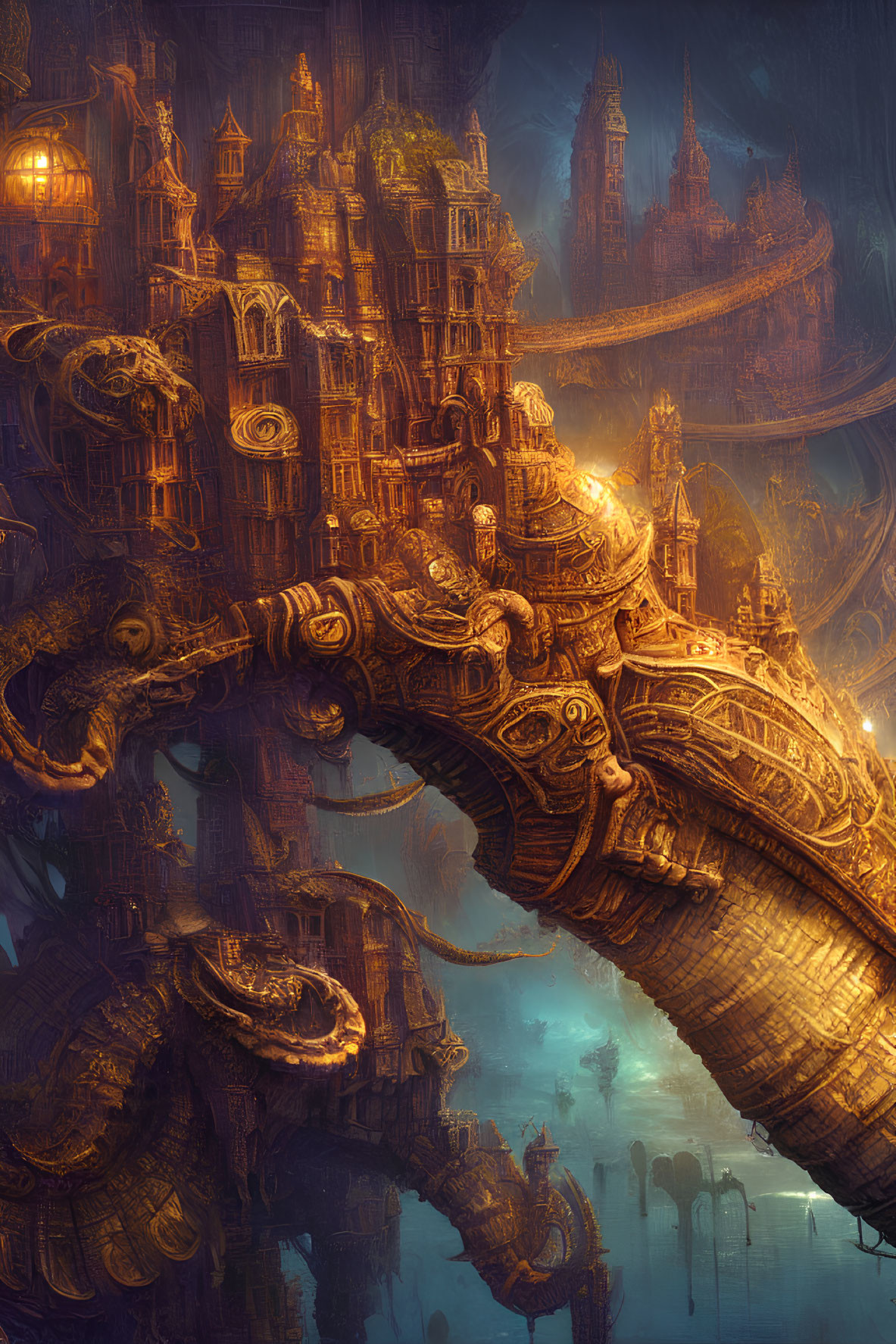 Intricate steampunk city with bronze structures and serpentine design