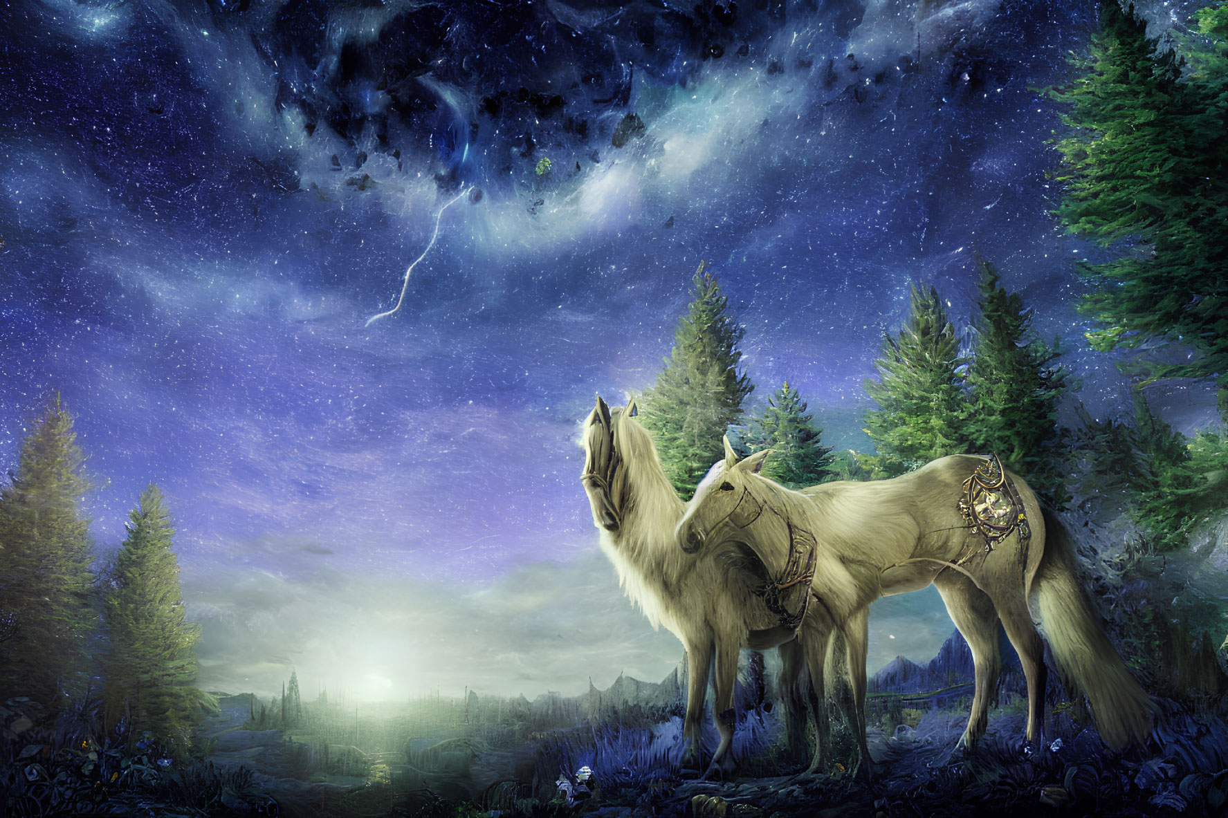 Majestic wolves in mystical forest under starry night sky