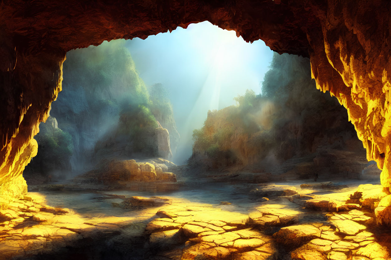 Spacious cave with lush greenery view and warm sunlight glow