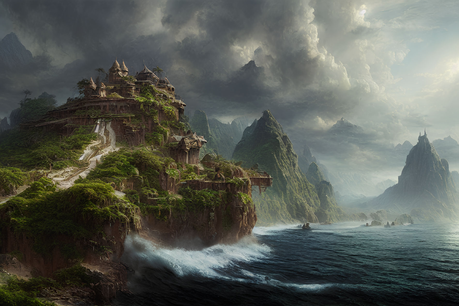 Majestic cliffside temple in ethereal landscape