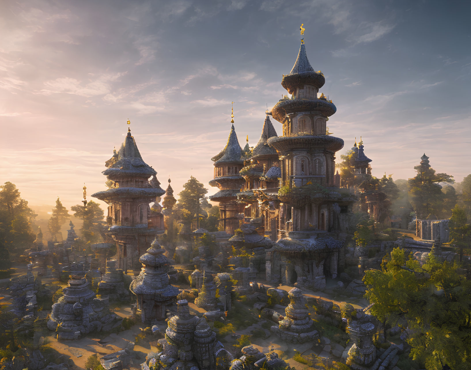 Ancient City at Sunrise with Ornate Towers and Rock Formations