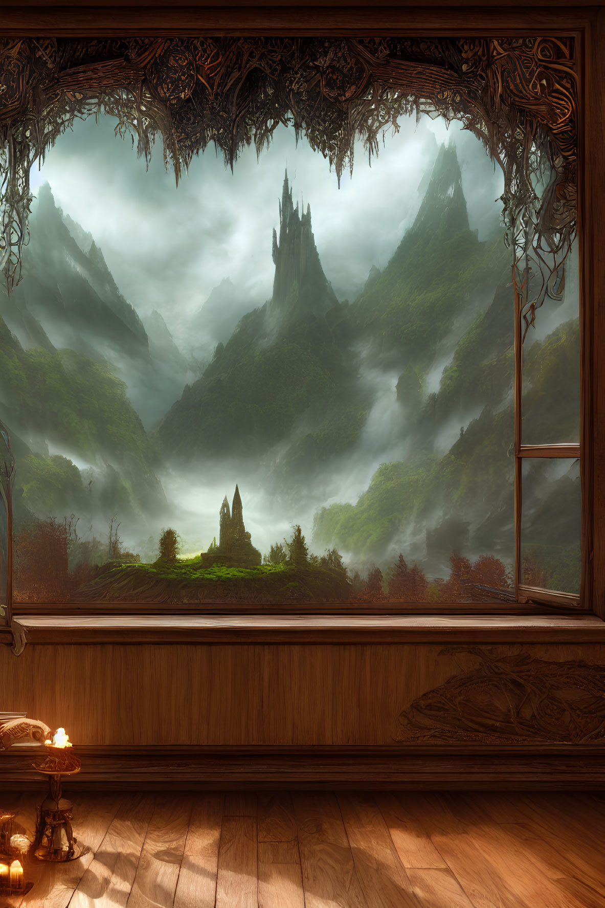 Fantasy landscape with misty mountains, castle, and candles