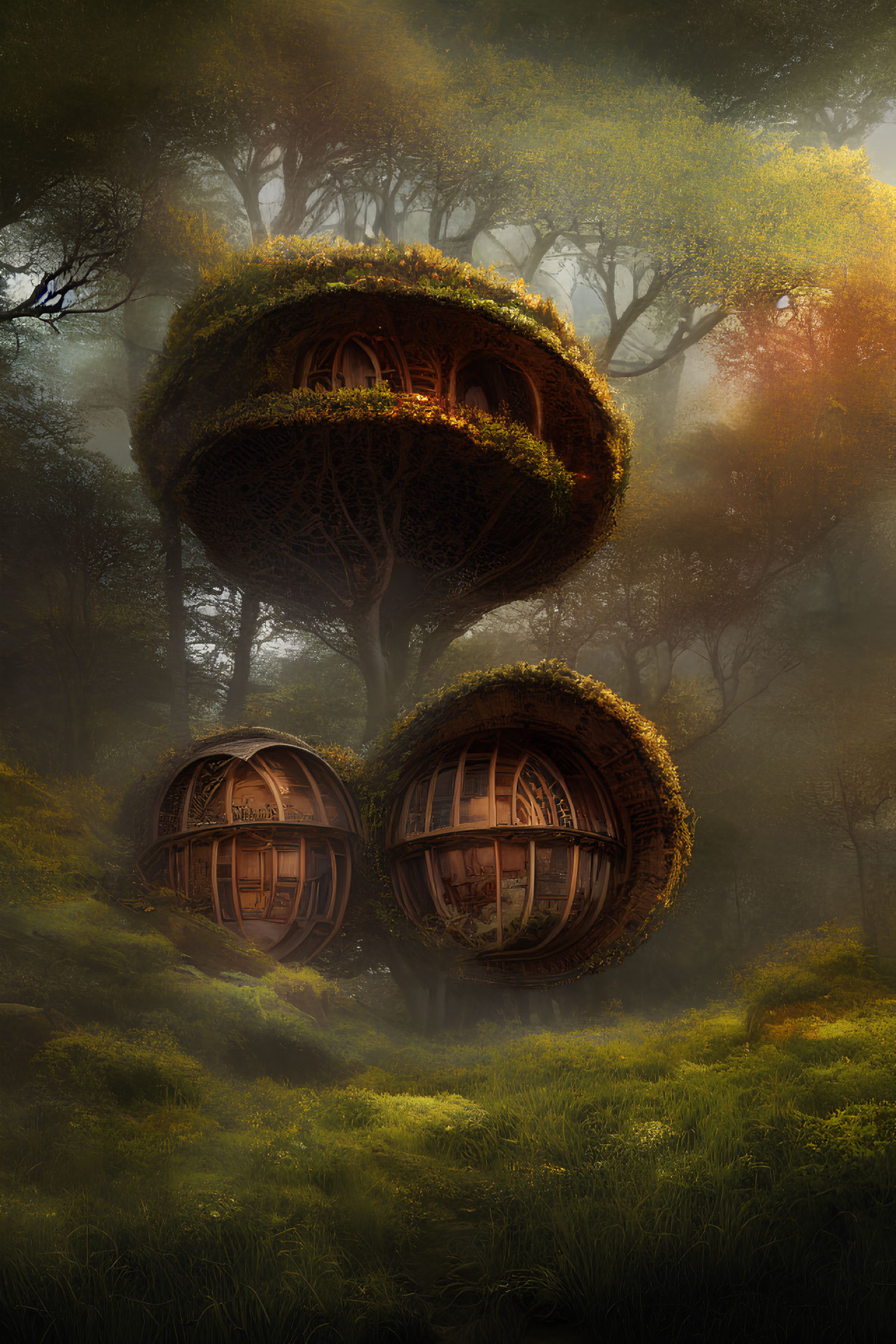 Magical spherical treehouses in misty woods with lush greenery