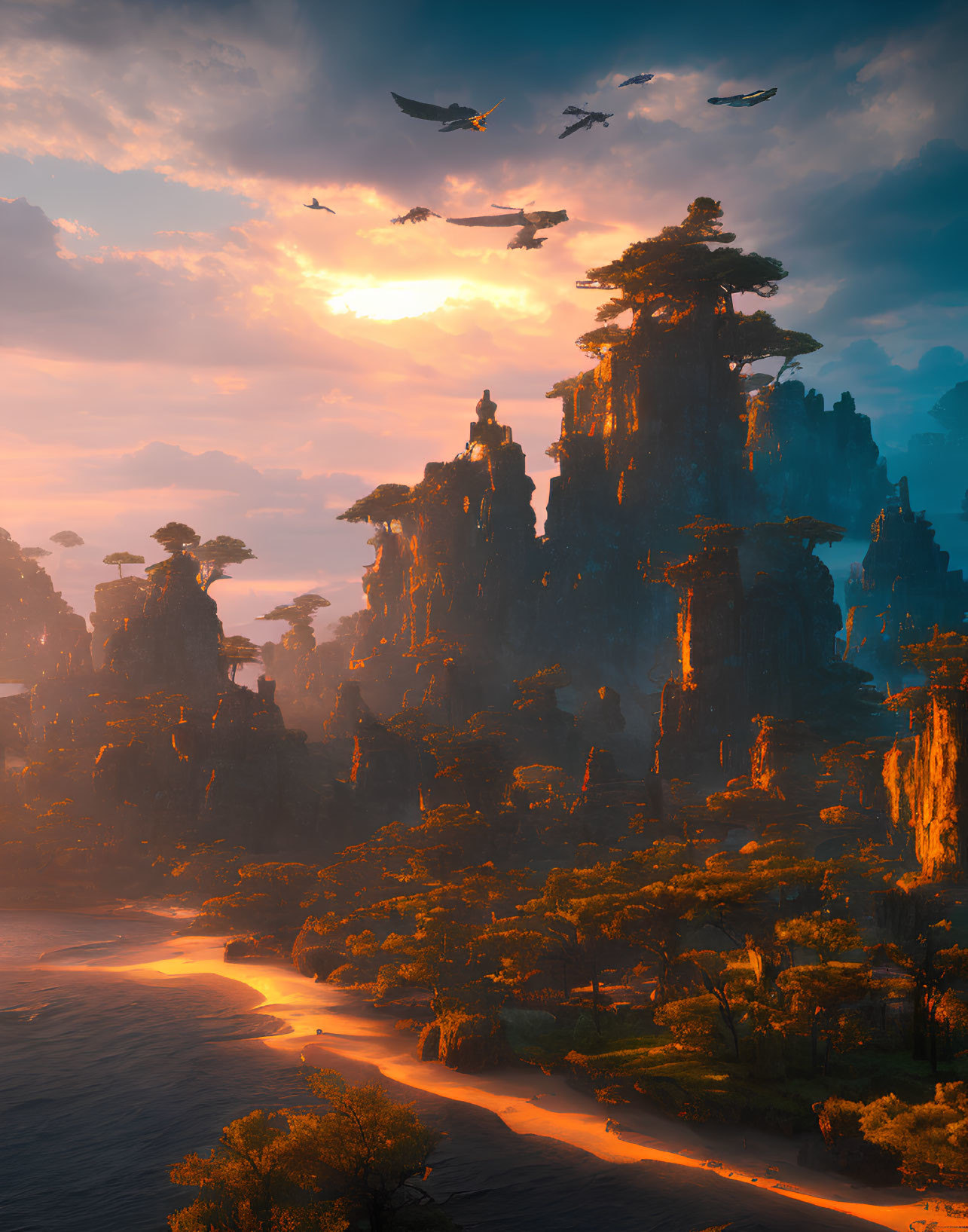 Majestic sunset over mystical landscape with rock formations & flying creatures