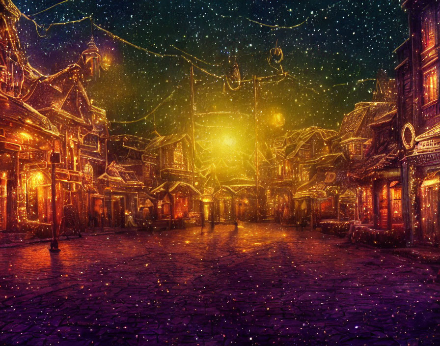 Quaint cobblestone street at night with glowing lights and falling snow