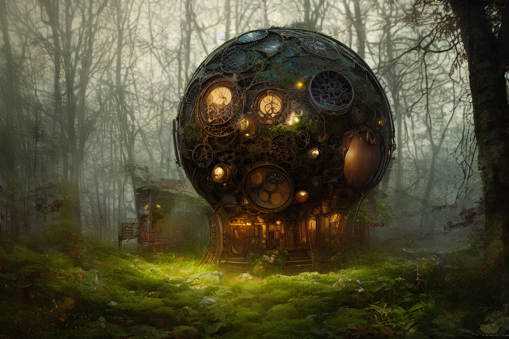 Intricate spherical structure in misty forest with glowing windows