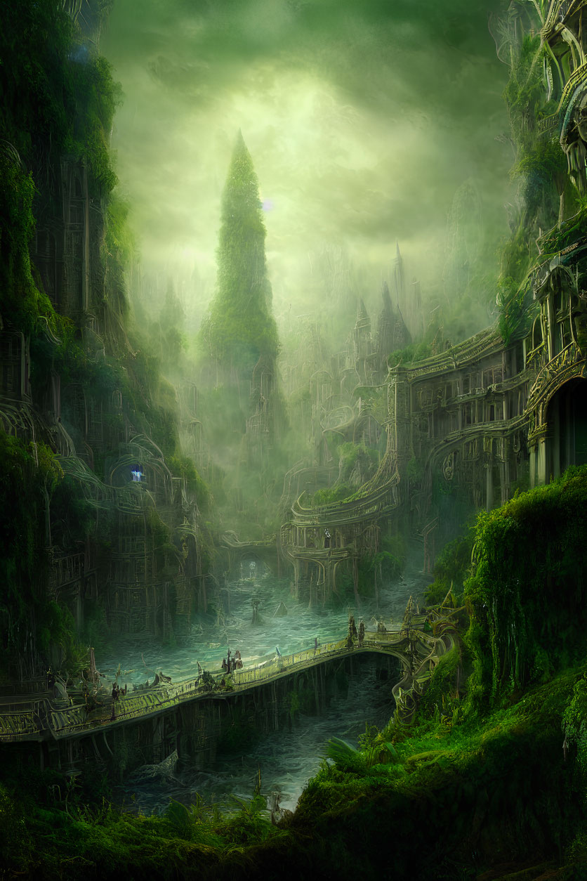 Ethereal lush green fantasy landscape with towering spires and waterfalls
