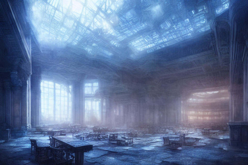Abandoned hall with towering columns and broken furniture under a shattered ceiling