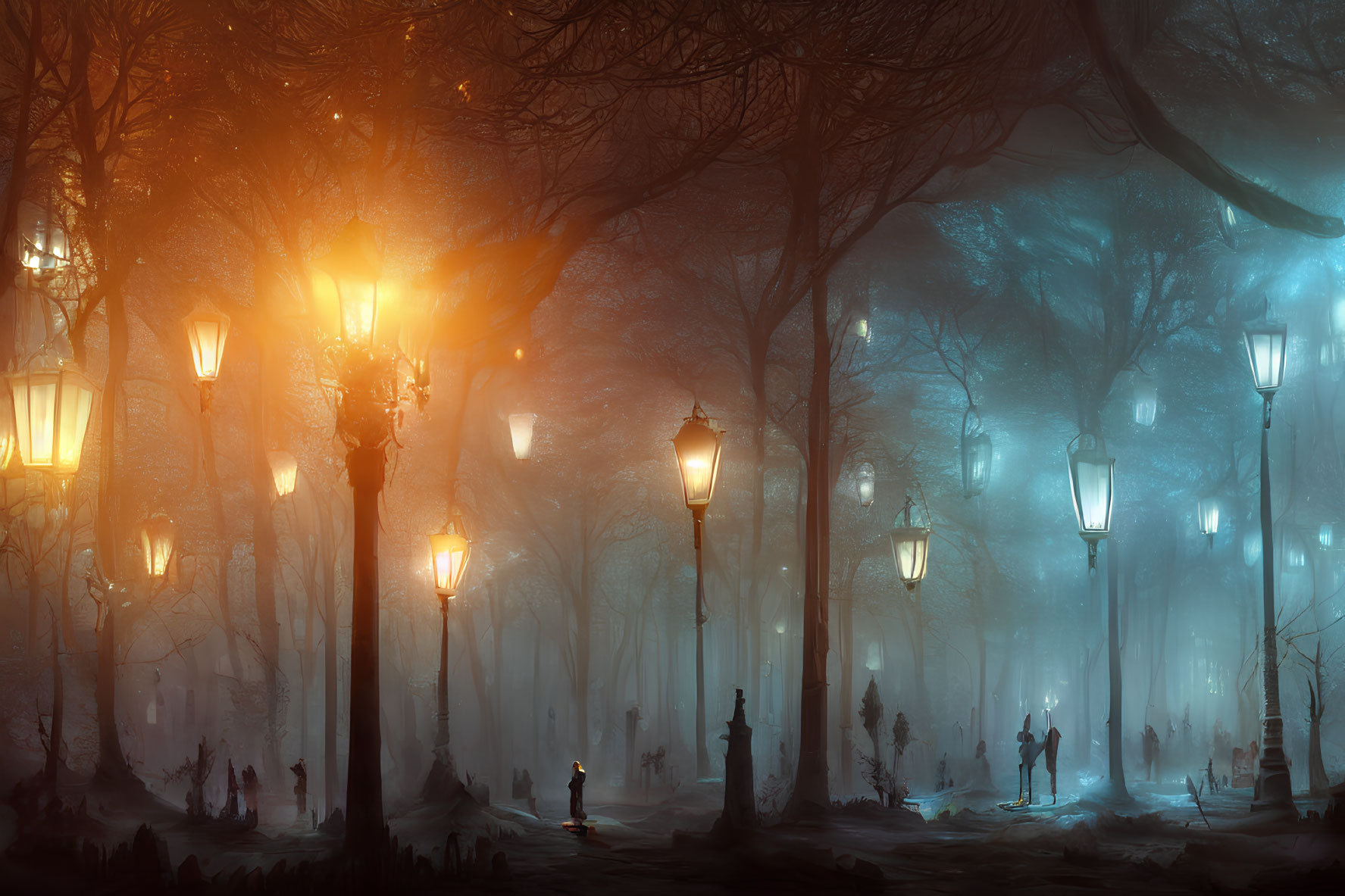 Mystical foggy forest with glowing street lamps and statues in embrace