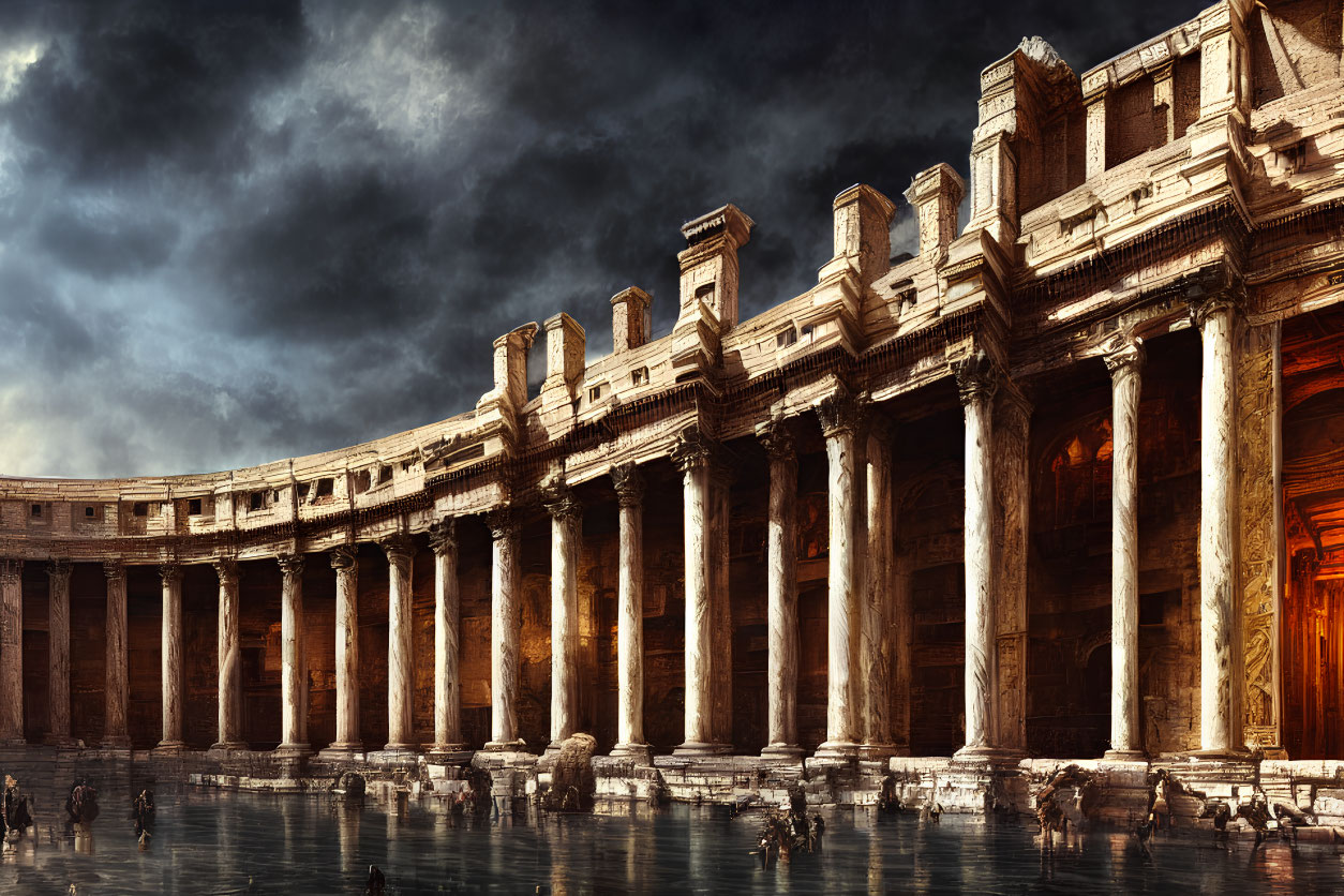 Ancient colonnade with towering pillars under foreboding sky