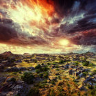 Rustic village with thatched huts at dramatic sunset